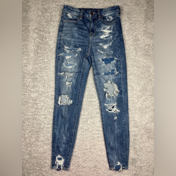 American Eagle Jeans Womens 2 Short Curvy Hi Rise Jegging Stretch Distressed - Picture 1 of 6